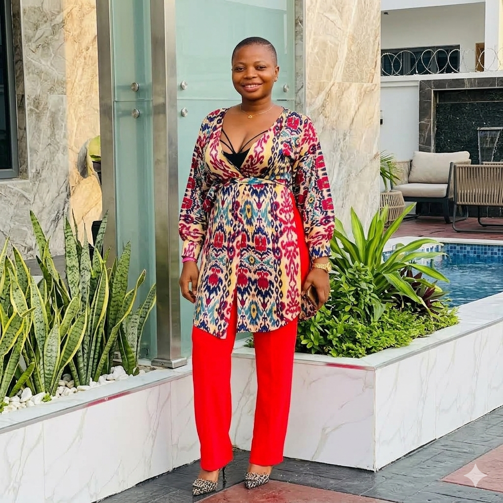 Geometric Top with Red Pants